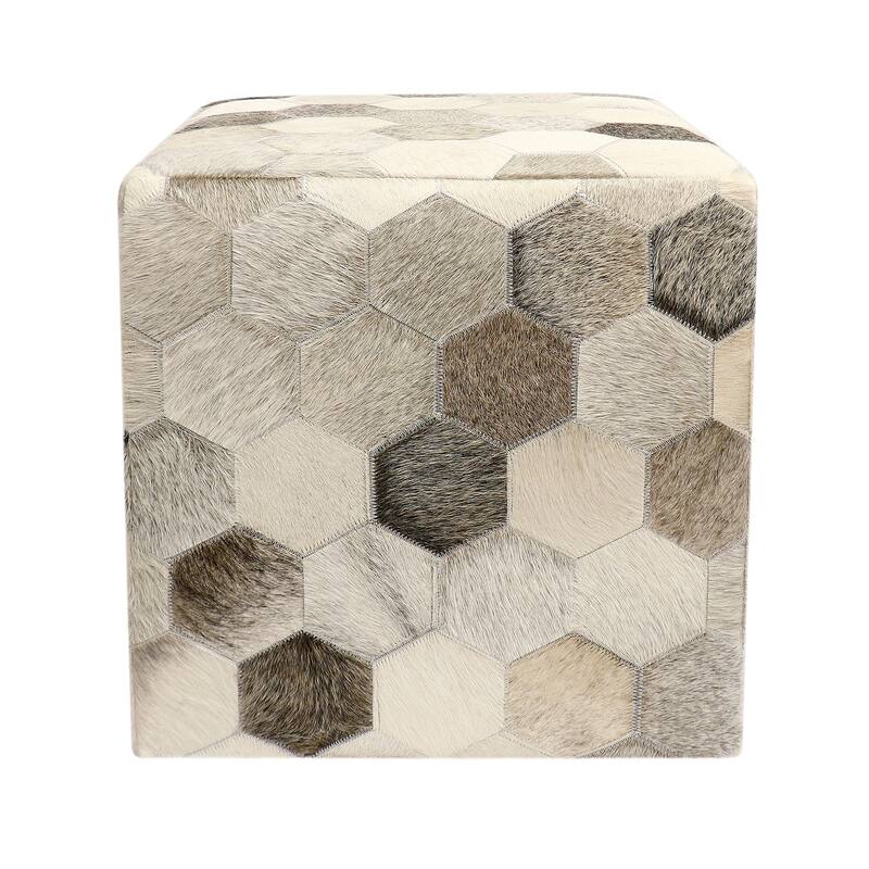 Pasargad Home Galaxy Cowhide Ottoman 18", Silver/Grey