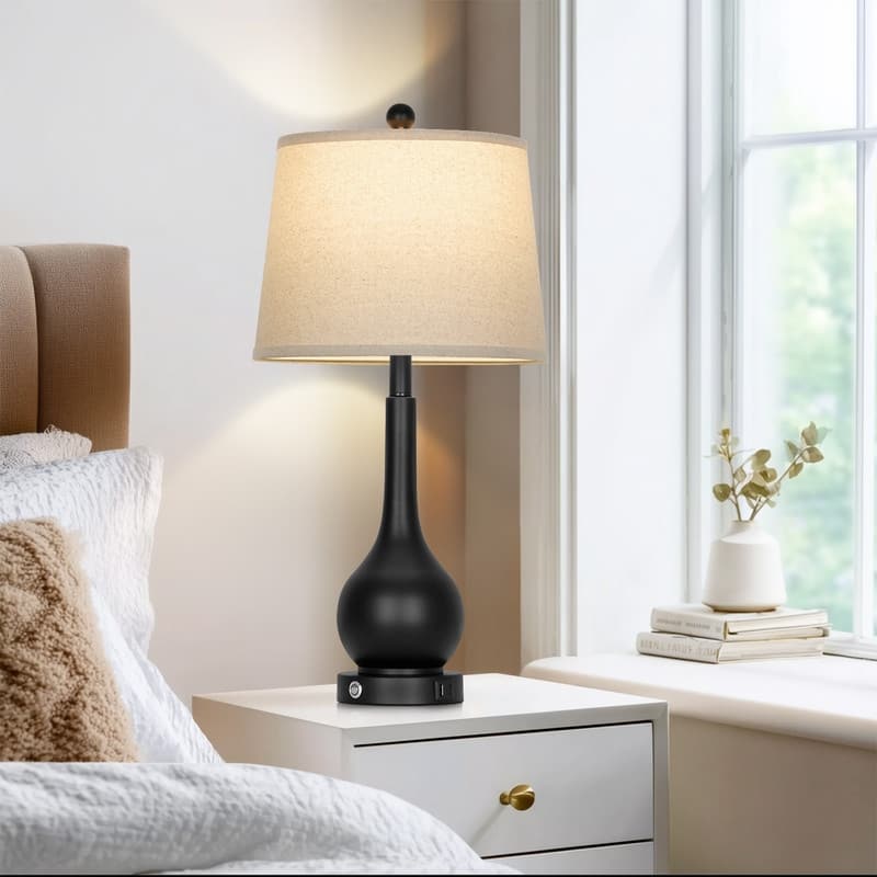 26'' Modern Table Lamps with Oatmeal Fabric Shades & Dual USB Charging Ports (Set of 2) - 12.5'' X 12.5'' X 26''