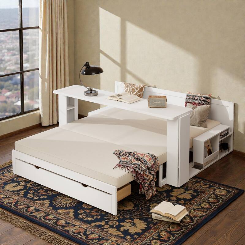 Queen Size 4-in-1 Daybed with Removable Desk, Storage Drawers, Hydraulic Side Tables & Extendable Armrests