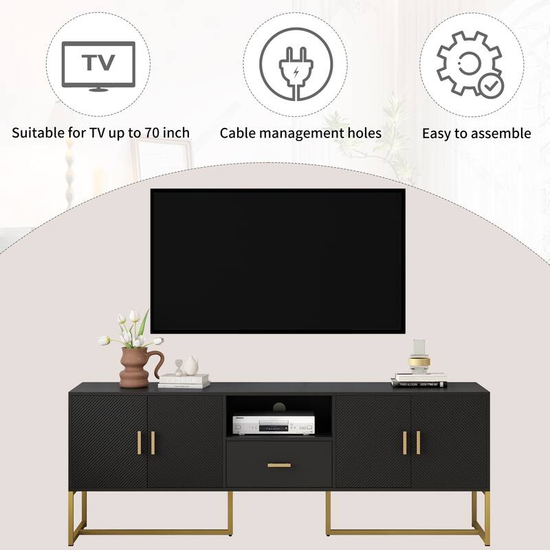 Roomfitters Modern TV Stand for up to 70 Inch TV, Media Cabinet with Drawer, Metal Legs and Safety Features, Black