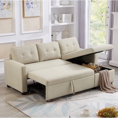 Pull Out Sleeper Sofa Bed L-shaped Sectional Sofa with Storage Chaise, Reversible Linen Upholstered Corner Couch for Living Room