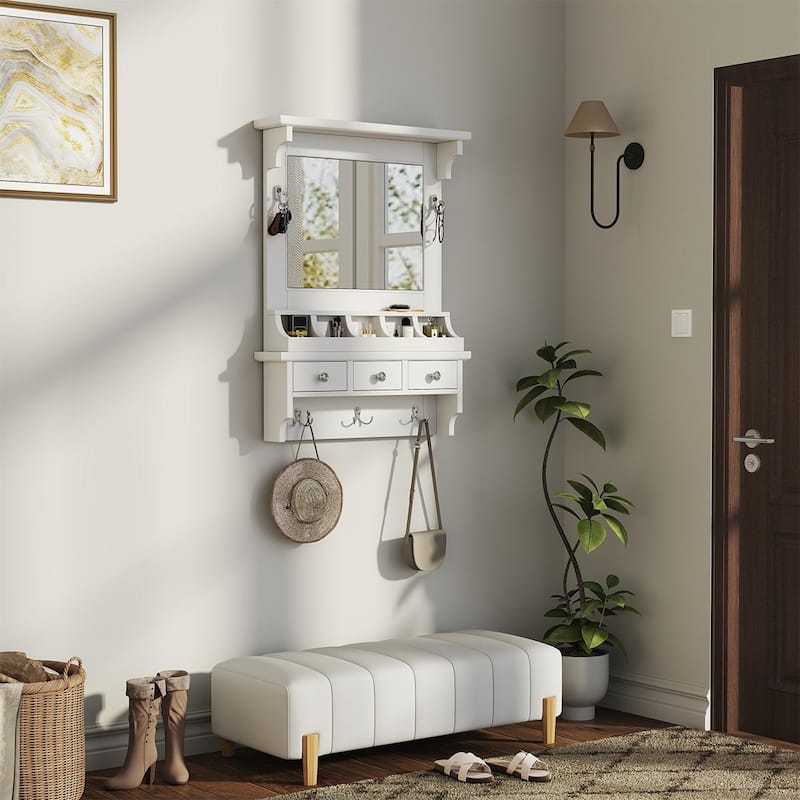 Floating Makeup Vanity with Big Mirror,Wall-Mounted Storage Vanity with Drawers,Pockets & Hooks,Space-Saving Decorative - White