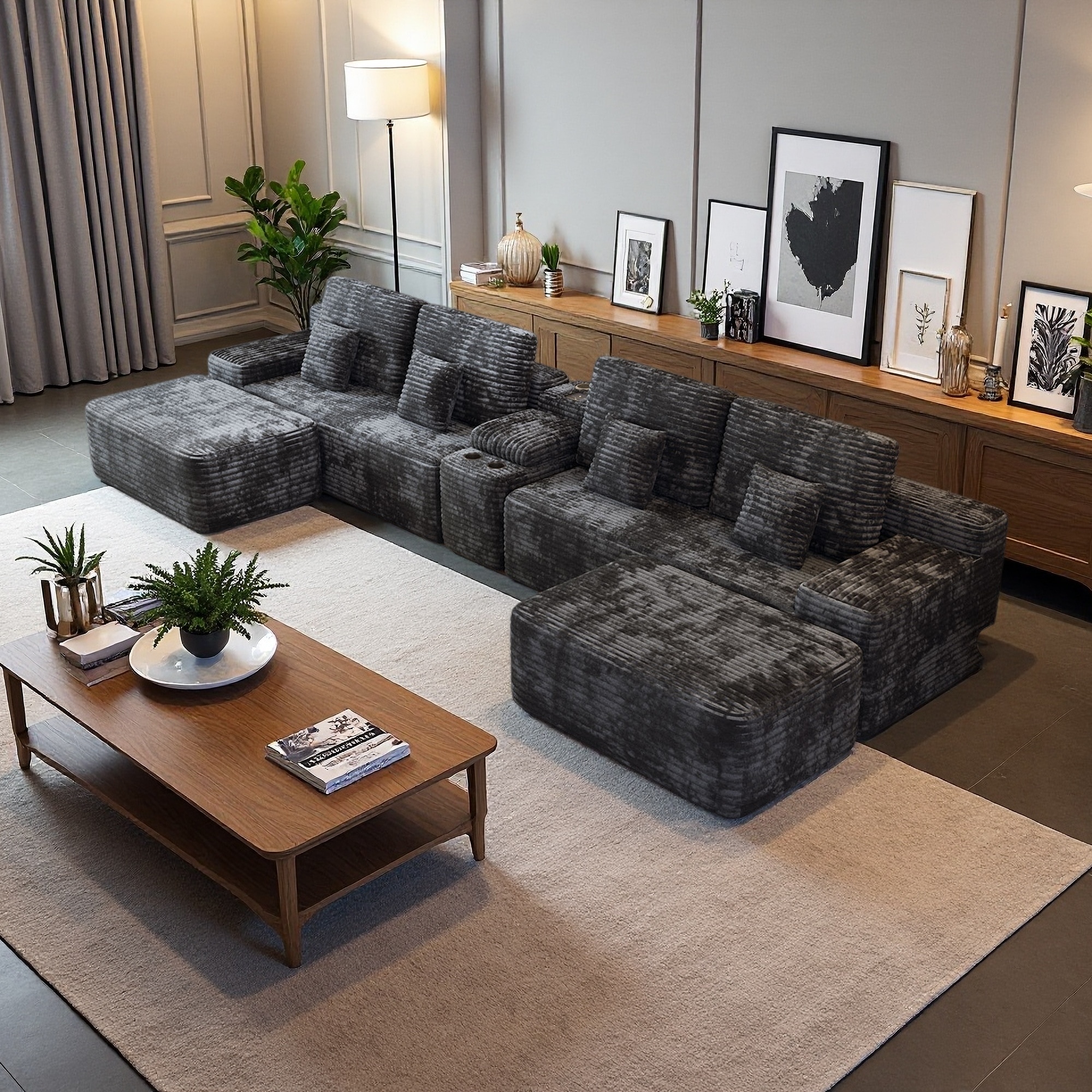 150" Corduroy U-Shaped Sectional Sofa with 2 Ottomans, Storage Console & Wireless Charging (6-Seater)