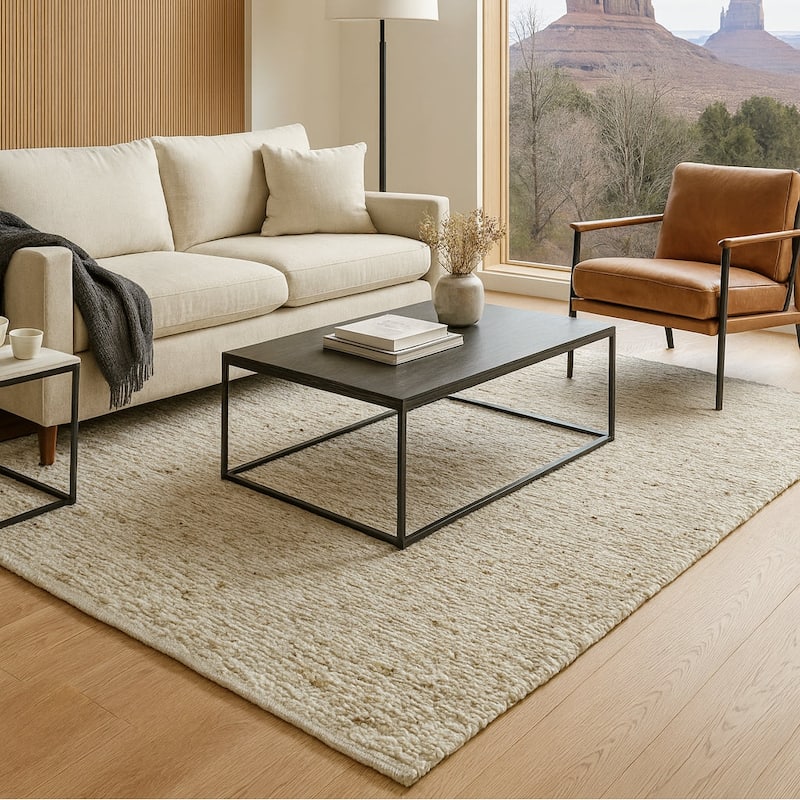 Ivory Beige Wool Handmade Modern Minimal Flatweave Area Rug - 8' x 10'