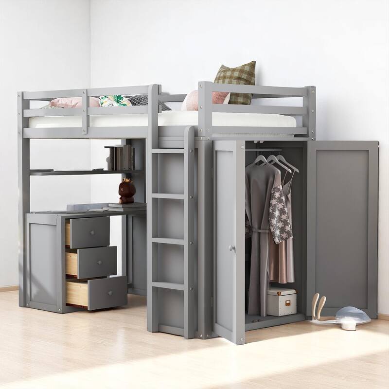 Wooden Twin/Full Loft Bed with Built-in Desk, Wardrobe Closet & Storage Drawers, Guardrail Design