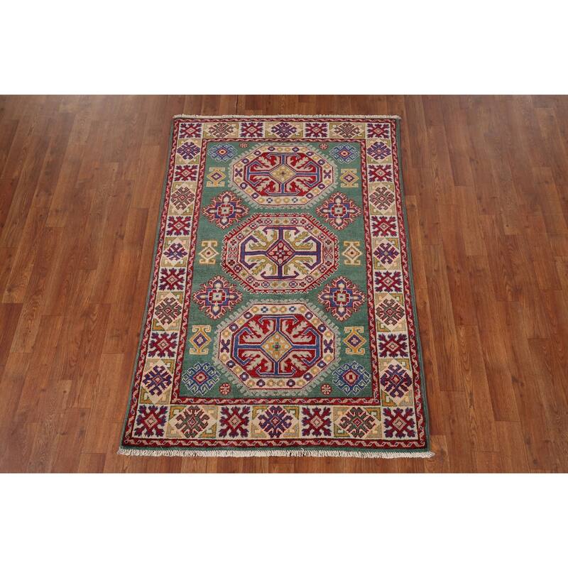 Traditional Green Kazak Accent Rug Hand-Knotted Wool Carpet - 3'5" x 4'11"