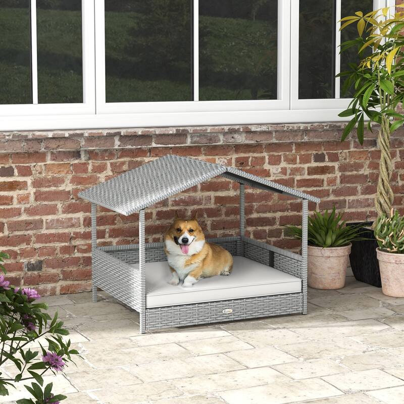 Wicker Dog House Outdoor with Canopy, Rattan Dog Bed with Water-resistant Cushion, for Small and Medium Dogs