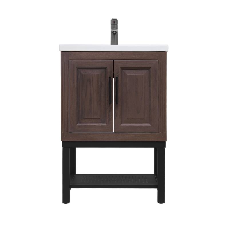 24" Bathroom Vanity with White Ceramic Sink & Hot and Cold Faucet, Freestanding Bathroom Cabinet with 2 Storage Doors