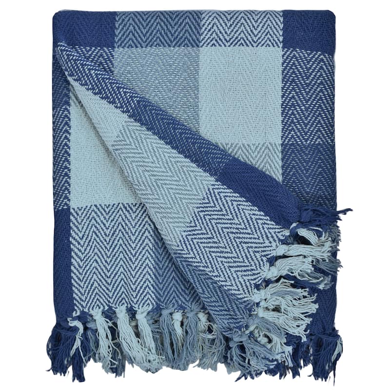 Fabstyles Herringbone Checkered Cotton Throw Blanket with Fringes
