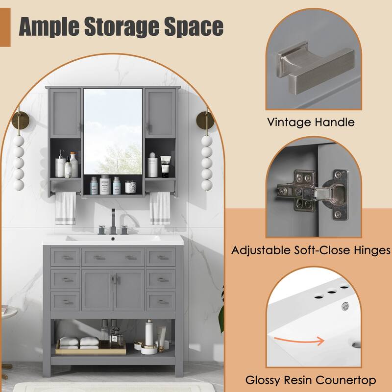 36'' Bathroom Vanity Set with Mirror Cabinet, Freestanding Bathroom Storage Cabinet with 2 Soft Close Doors and 6 Drawers