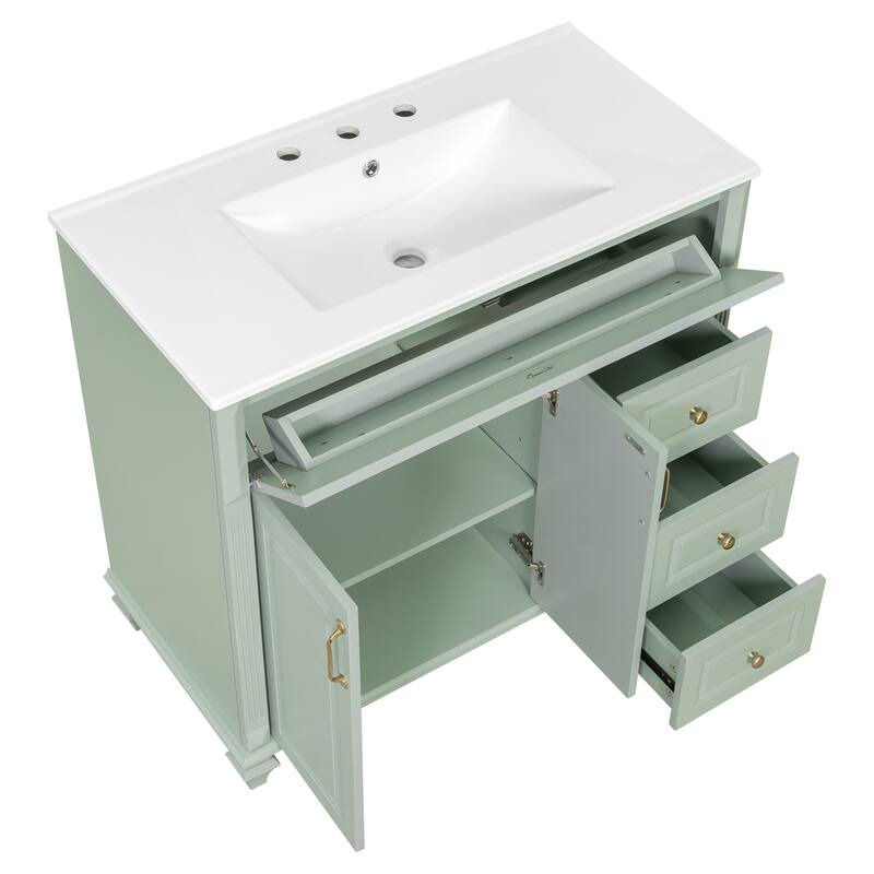 Roomfitters 36" Bathroom Vanity with Sink, Solid Wood Frame, Flip Drawer, 3 Drawers & 2 Doors