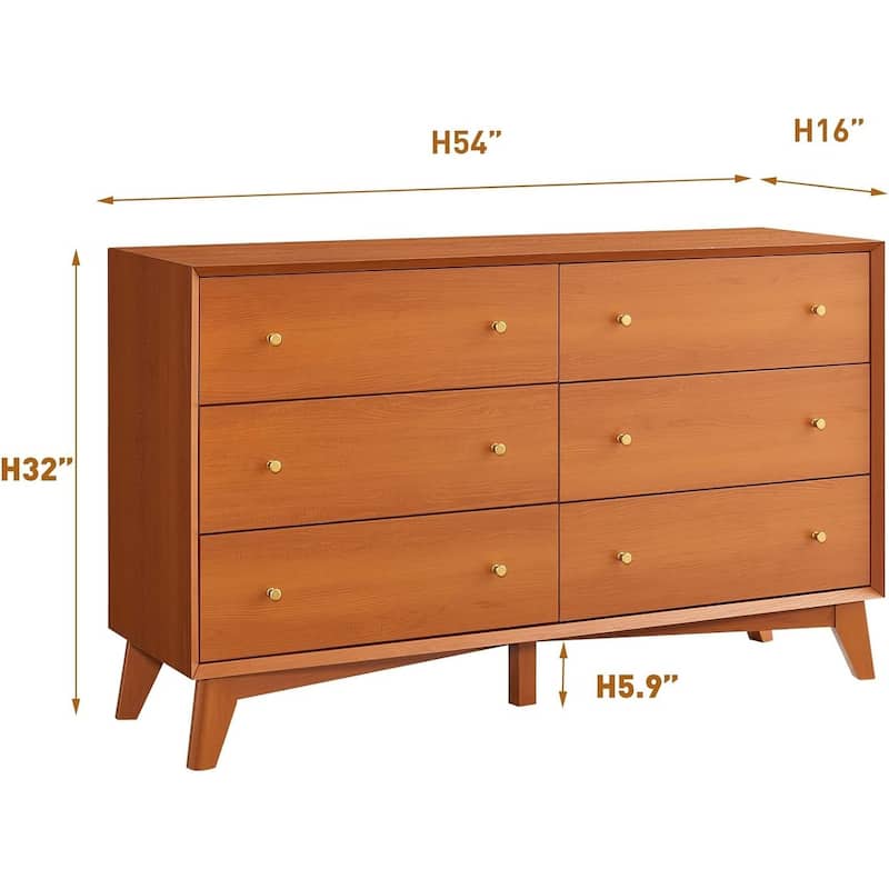 Mid Century Modern 6 Drawer Wood Dresser, Chest of Drawers, TV Stand