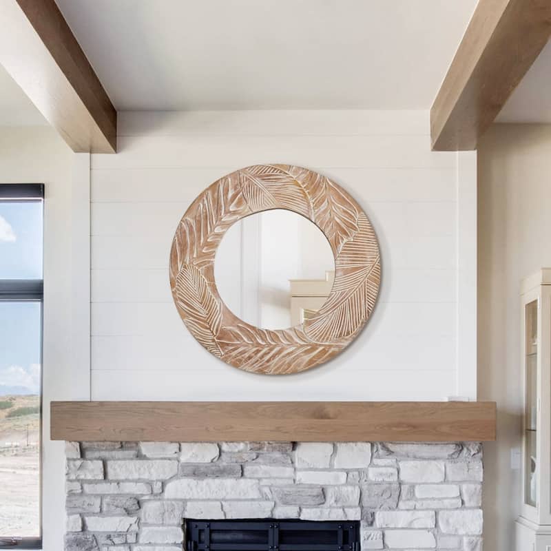 Farmhouse Carved Wood Round Wall Mirror - 28" x 28" - 28" x 28"