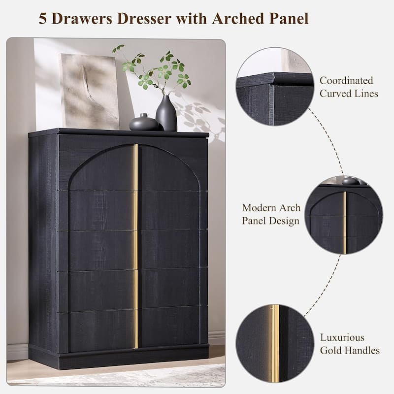 44" Tall Modern 5 Drawers Dresser with Arched Panel, Chest of Drawers