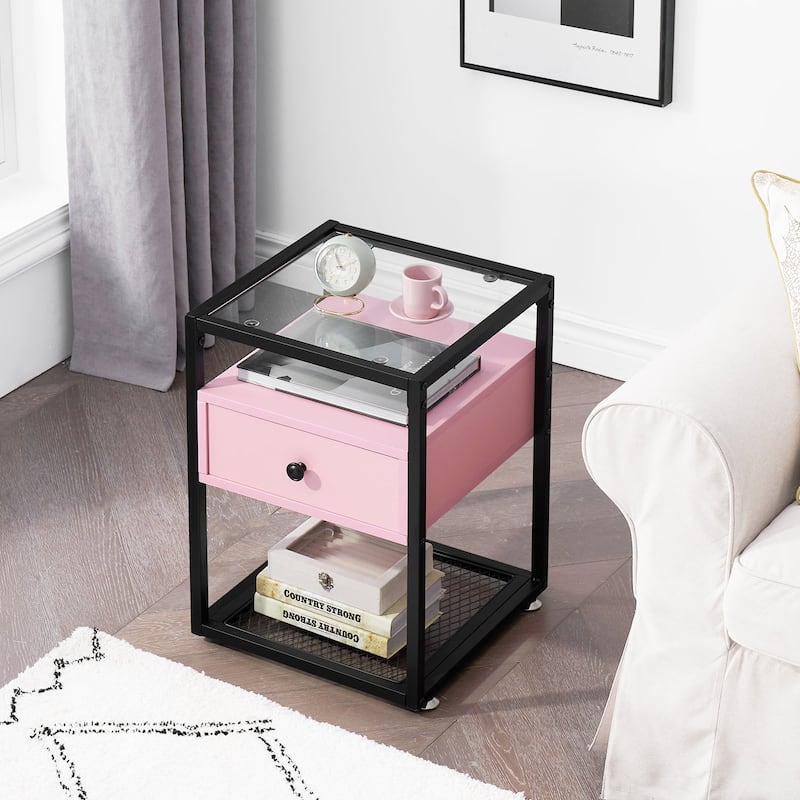 VECELO Modern Square Nightstands Set of 2 with Tempered Glass Top
