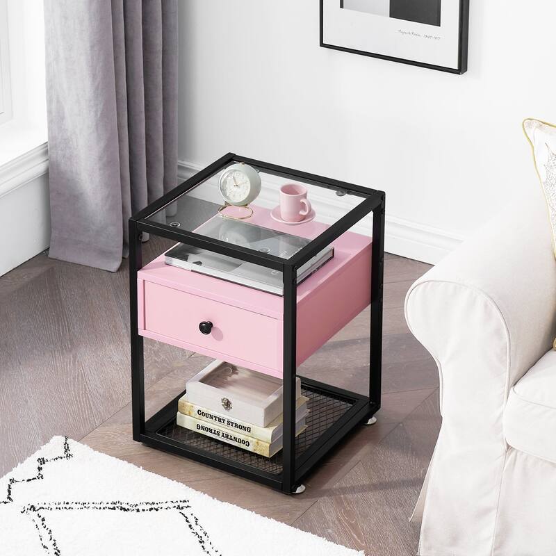 VECELO Modern 1-Drawer Nightstands with Tempered Glass Top