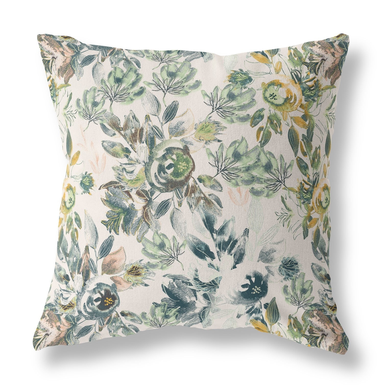 20" X 20" White And Green Broadcloth Floral Throw Pillow