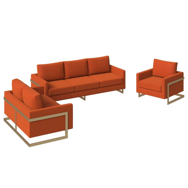 3-Piece Velvet Sofa Set with Gold Stainless Steel Base and Removable Cushions - Orange Marmalade