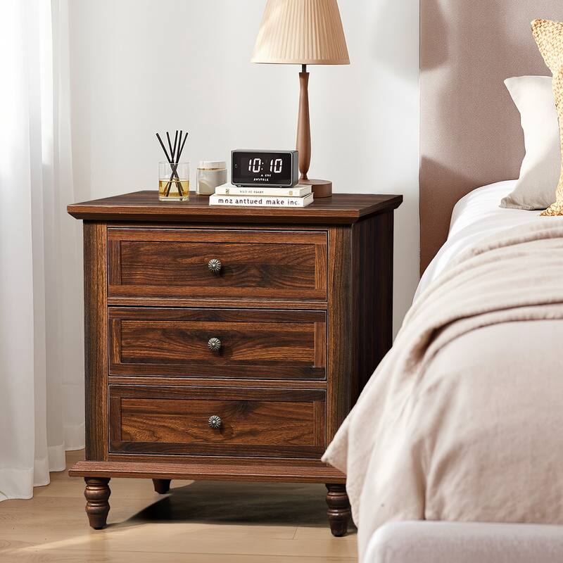 Wood 3-Drawer Nightstand with Rustic Finish and Storage