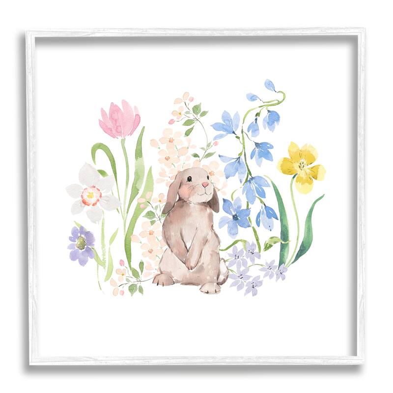 Stupell Spring Flowers & Rabbit Framed Giclee Art Design by Heather Lee Chan - 12 x 12 - White