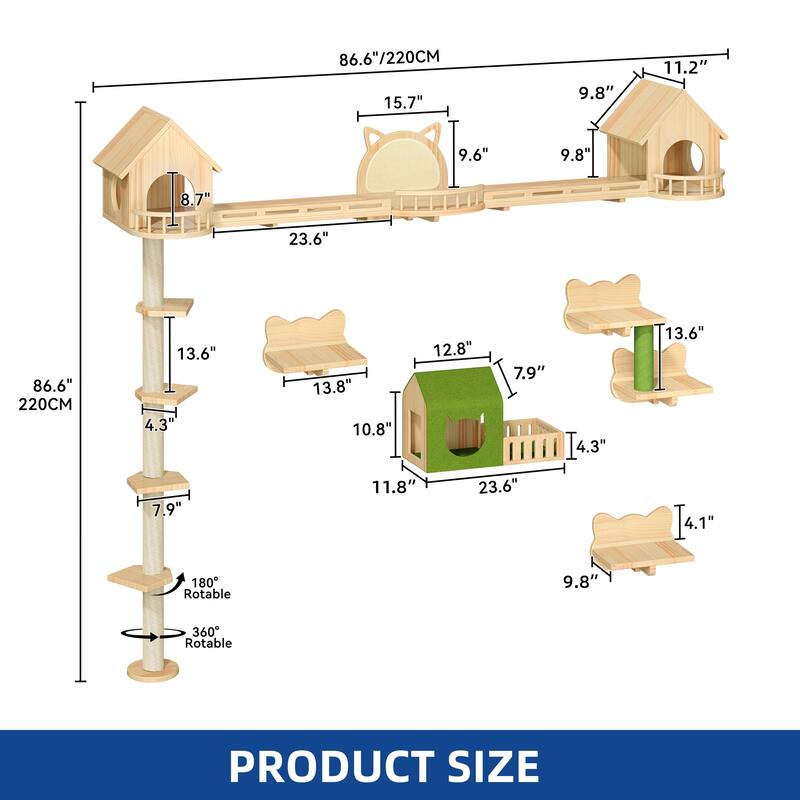 Moasis 21-Piece Cat Wall Shelves Set, Pine Wood Cat Wall Furniture with 3 Houses, 1 Cat Bed, 6 Sisal Posts and 2 Tunnels