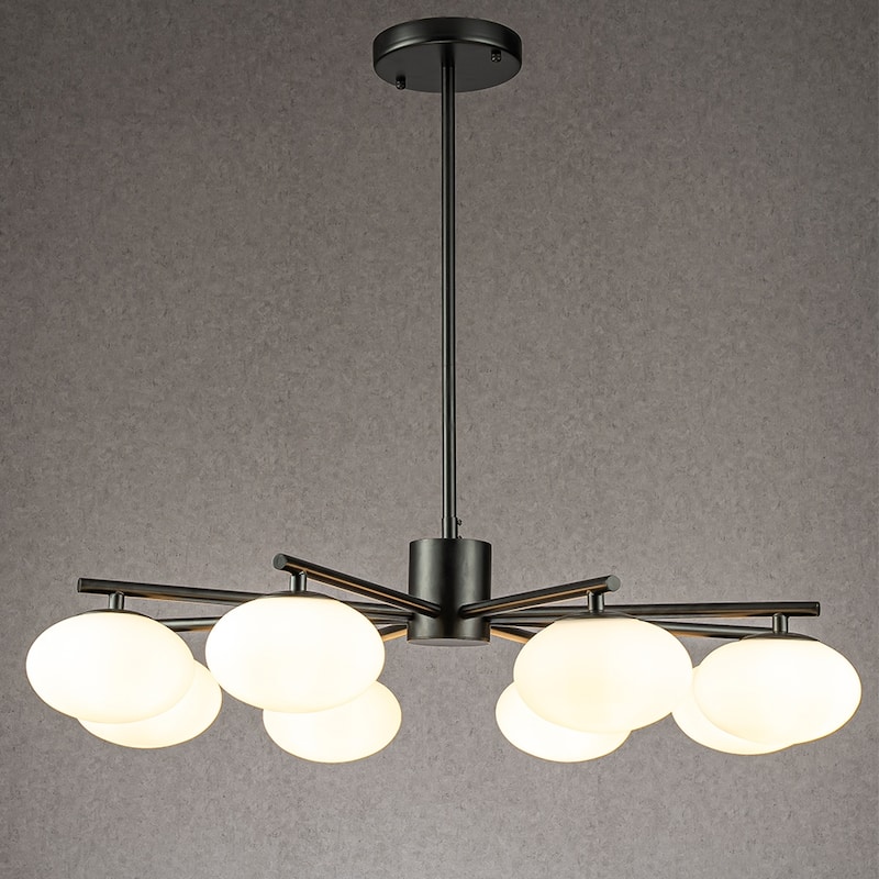 CraftHome Antique Brass/Matte Black Mid Century Modern Chandelier Classic Opal Glass Globe Pendant Light For Dining Room - Matte Black - W32''