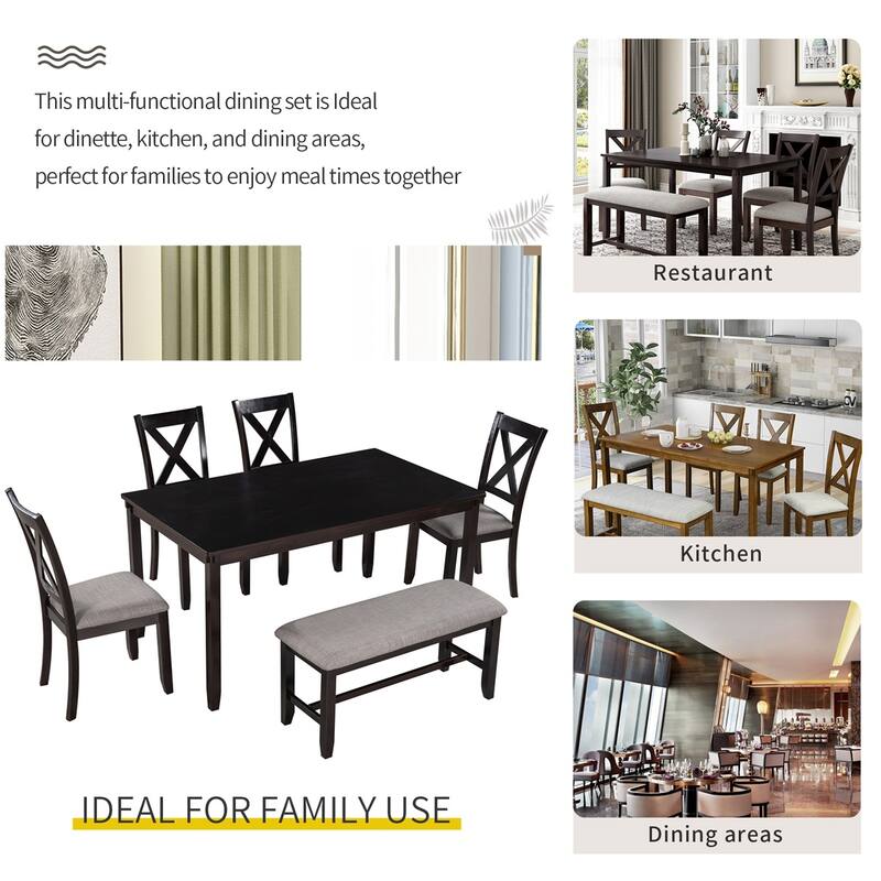 Merax Wooden 6-Piece Kitchen Dining Set with Bench and 4 Dining Chairs