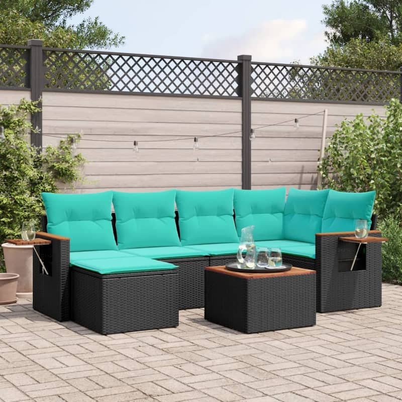 vidaXL 6 Piece Patio Sofa Set with Cushions Black Poly Rattan - 21.7x27.2x24.4-With table