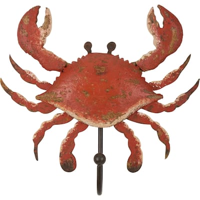 Steamed Red Crab Coastal Single Wall Hook Wood 7.5 Inches - Multi
