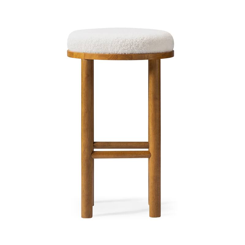 HomeRoots 31" White and Natural Boucle and Solid Wood Backless Bar Height Bar Chair