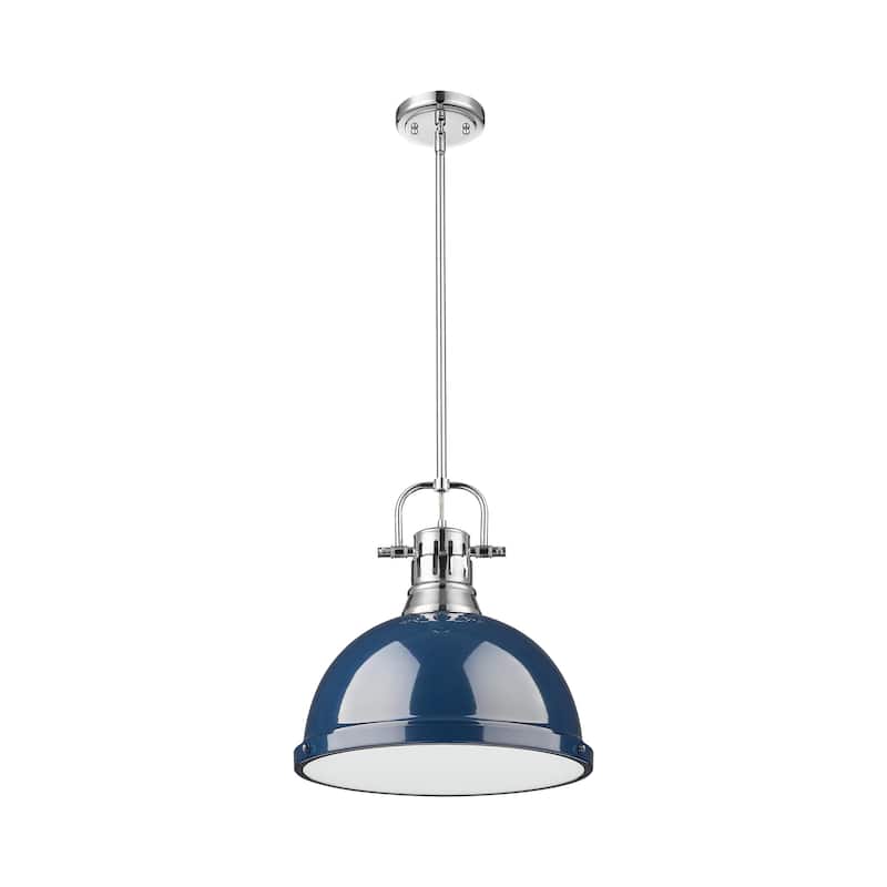 Yep by Golden Lighting Duncan 1-light 14in Rod Hung Pendant in Chrome and Navy Blue shade