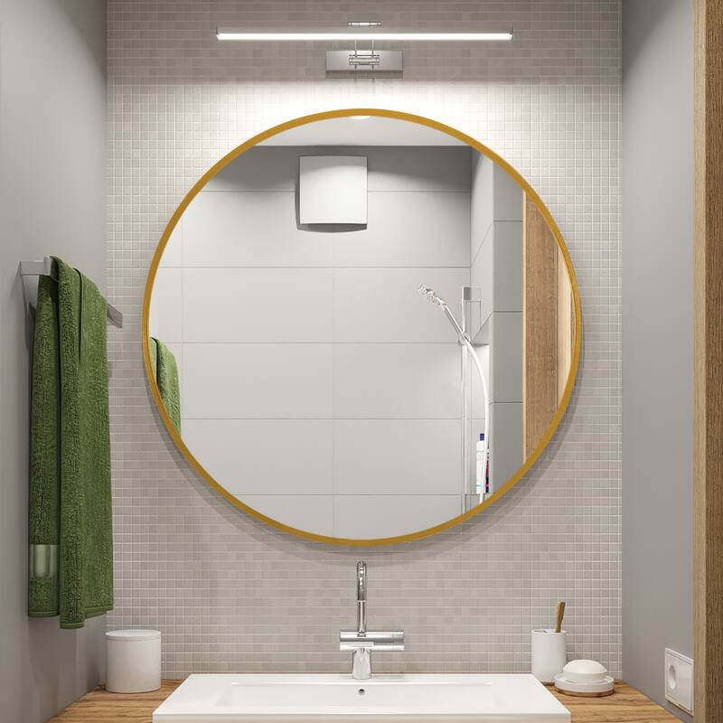 Wall Round Mirror 30'' Modern Brushed Metal Frame Wall-Mounted