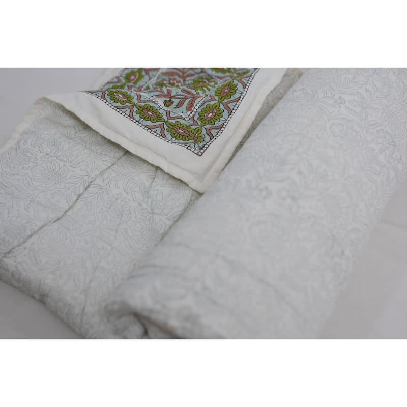 Fabdivine Hand Block Print Eco-Friendly Cotton Quilt Jaipuri Jaal Green Brown, Decorative Cotton Bedspread for Home & Bedroom