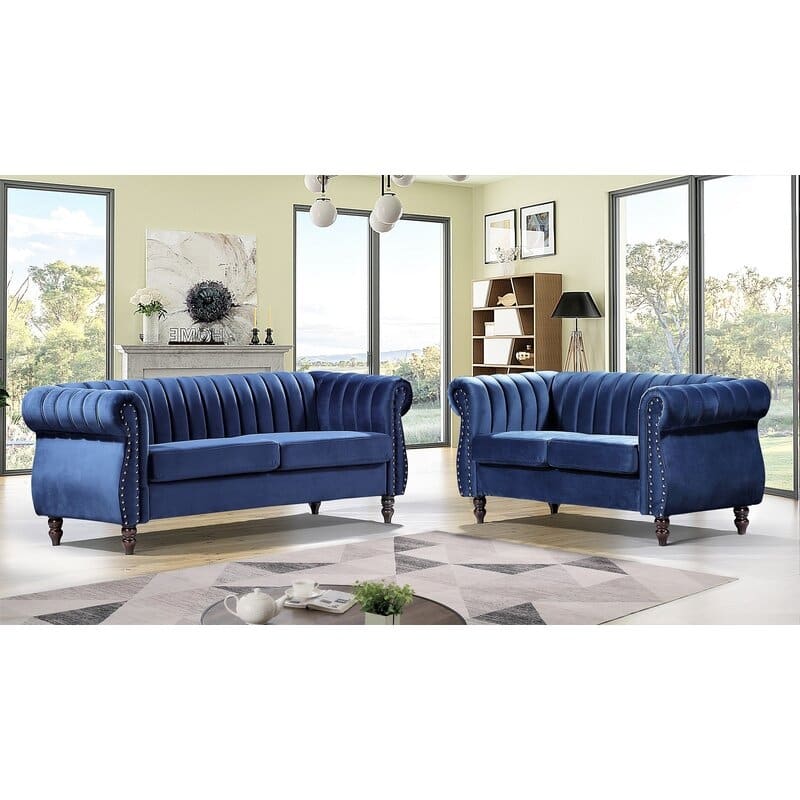 Capucina 2-piece Velvet Living Room Sofa Set - Blue