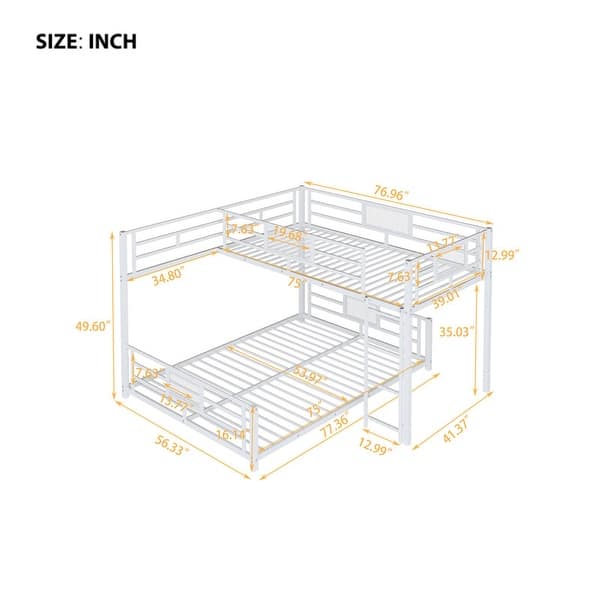 dimension image slide 0 of 2, L-Shaped Metal Bunk Bed with Ladder and Guardrails, Twin Over Full Size Heavy Duty Bunk Bedframe with Slats Support