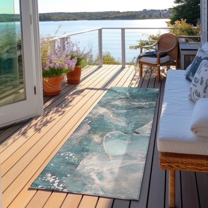 Machine Washable Indoor/ Outdoor Abstract Chantille Rug - Teal - 2'3" x 7'6"