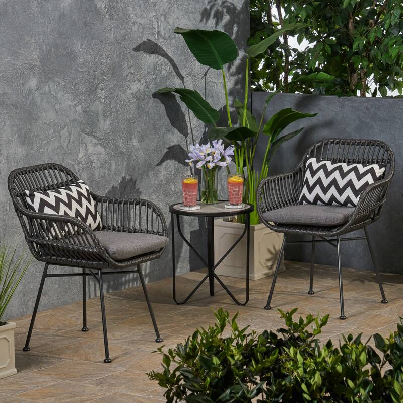 Set of 2 Modern Indoor/Outdoor Rattan Accent Chairs with Metal Legs