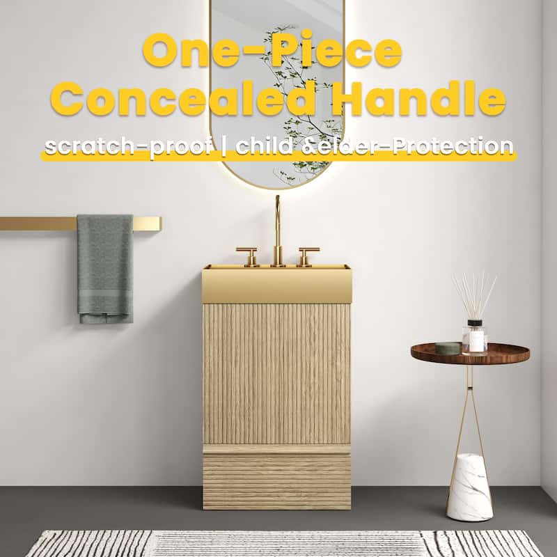 20" Striped Bathroom Vanity with Integrated Brushed Gold Stainless Steel Bathroom Sink, One-Piece Metal Basin without Faucet - Light Oak - 20 Inch