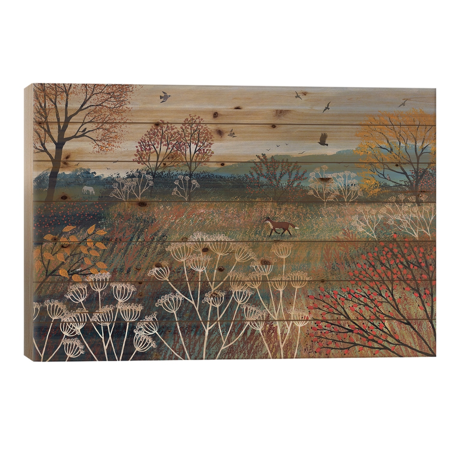 Across Autumn Meadow Print On Wood by Jo Grundy - Multi-Color