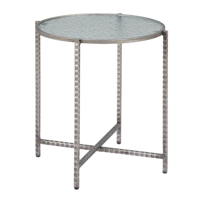 HomeRoots 22" Clear and Silver Glass and Distressed Steel Round End Table - 21.00 in. x 22.00 in. x 21.00 in.
