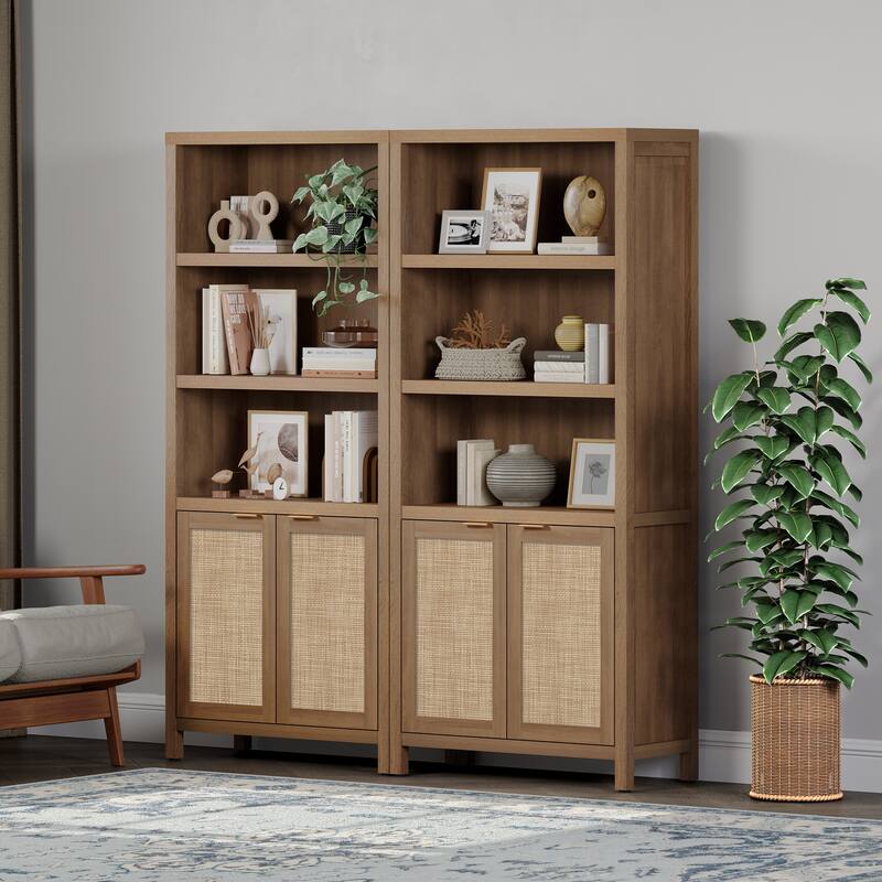 SICOTAS 5 Tier Adjustable Bookcase with Rattan Storage Cabinet