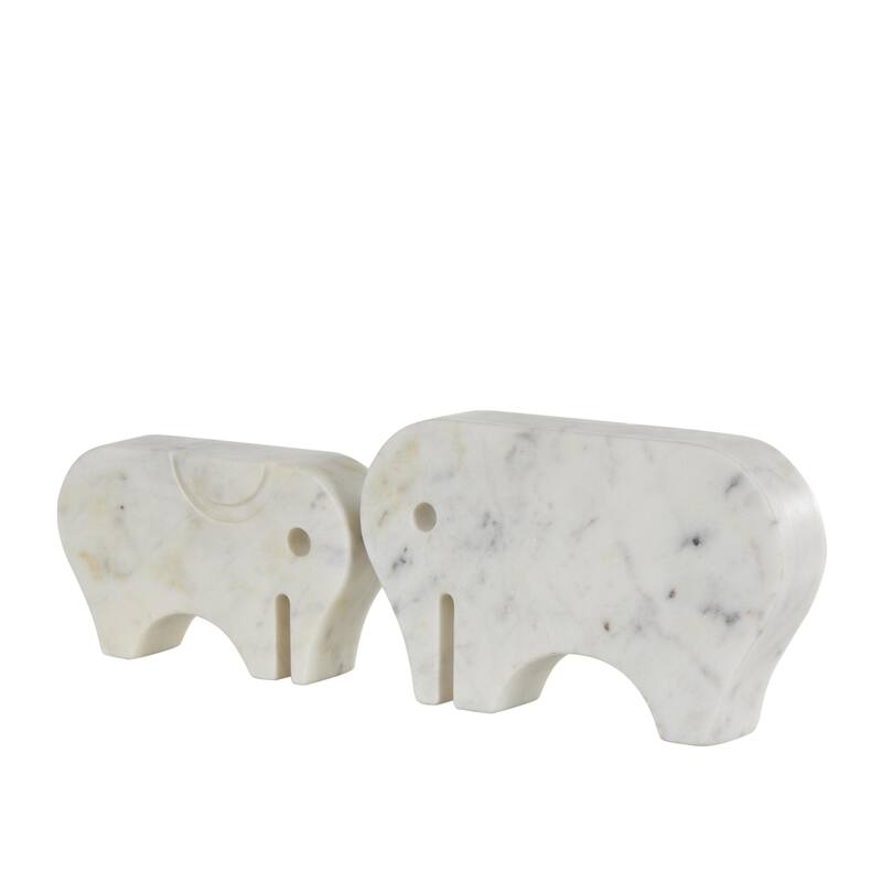 White Marble Rounded Abstract Elephant Decorative Sculpture with Gray Marble Veins and Cutouts (Set of 2)