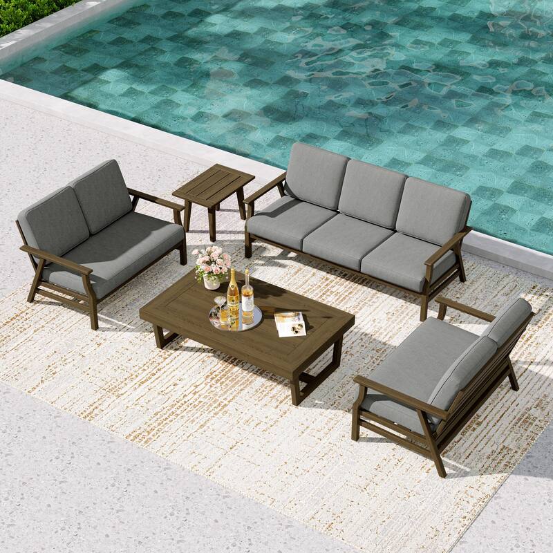 Teak Outdoor Seating Set with Daybed & Tables. - Brown Wood - Grey/5-piece