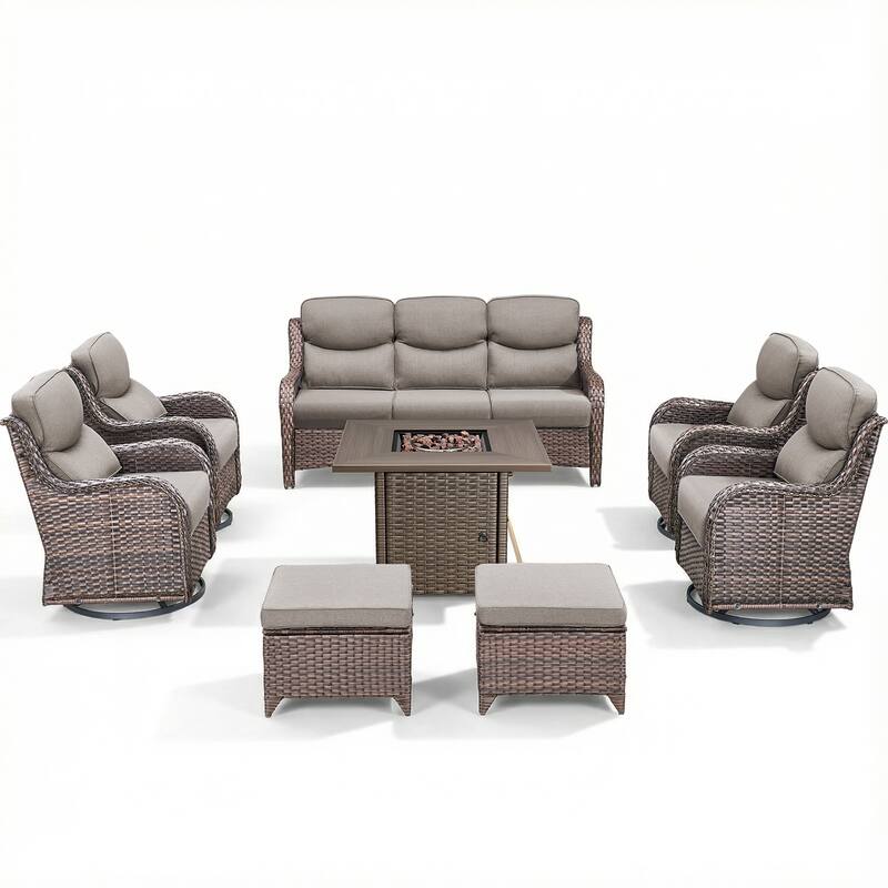 Pocassy Outdoor Propane Fire Table w/ Sofa Swivel Chair Ottoman Funiture Set.