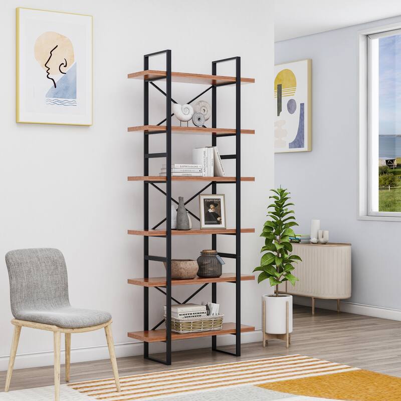 Stonegate 6-Tier Industrial JD Walnut Bookcase - 85" H x 35.43" W x 12.5" D - JD Walnut - 85" H x 35.43" W x 12.5" D
