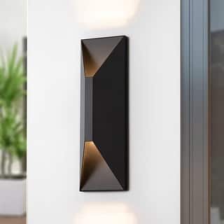 14 in. Modern Black Rectangular Geometric Integrated LED 3000K Outdoor Sconce Wall Light - 4.45 in. W x 14.06 in. H x 3.3 in. D