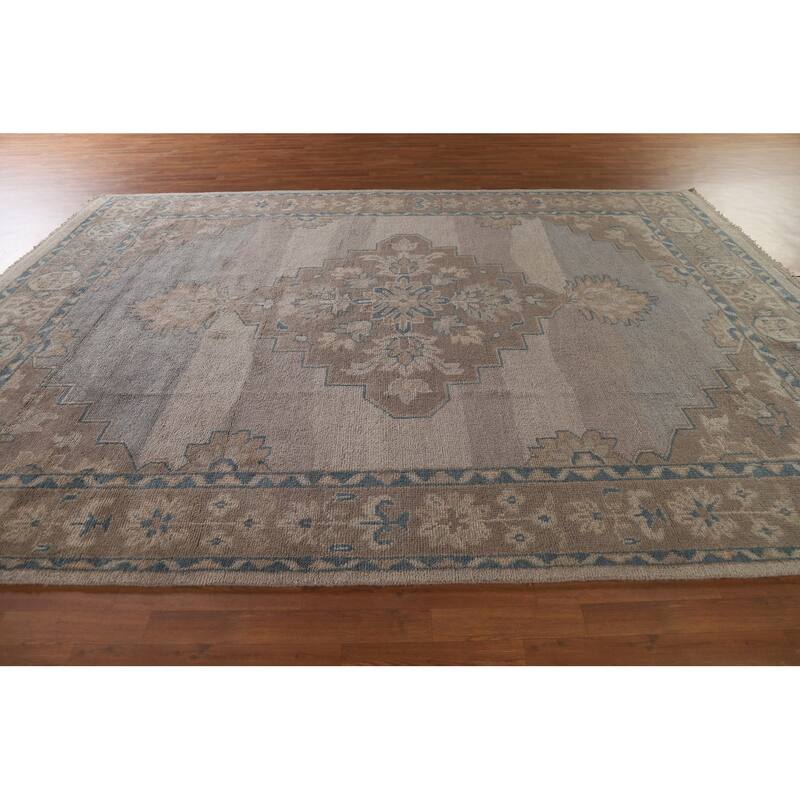 Geometric Oushak Style Area Rug Hand-knotted Wool Carpet - 8'10"x 12'0"