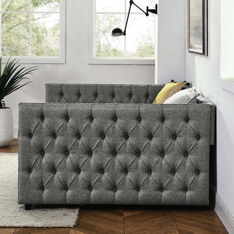Full Size Daybed - Linen Upholstered Daybed with Storage,Button and Copper Nail