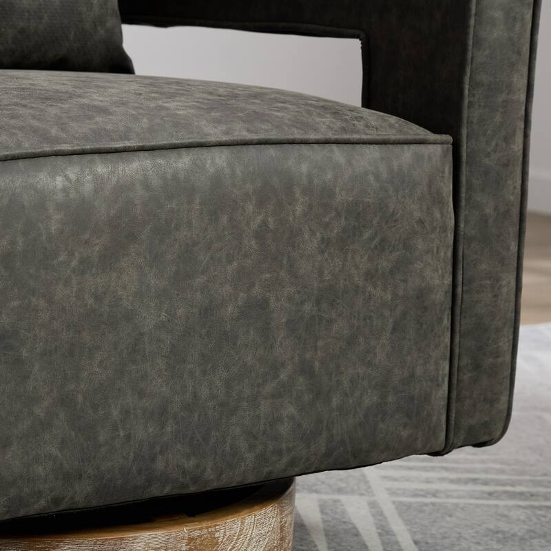 PU Leather Swivel Barrel Chair with Weathered Wood Base, 360° Rotation, and High-Density Foam Seat