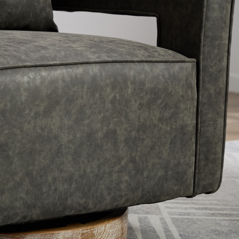 Roomfitters 29.1" Modern Swivel Barrel Chair, Open Back Faux Leather Club Chair with Weathered Wood Base